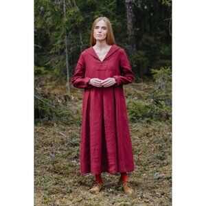 NWT Son De Flor Red Linen Long Sleeve Sailor Collar Dress L/XL Made In Lithuania